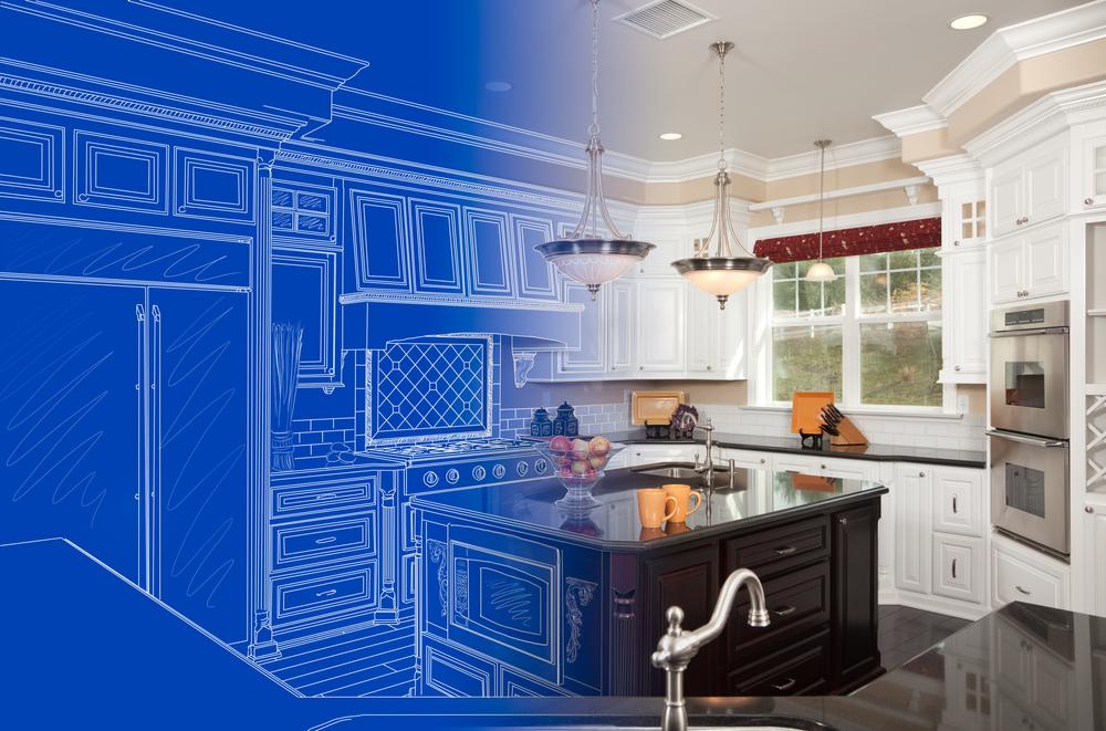 kitchen with blueprint overlay