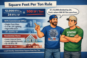 Graphic explaining the square feet per ton rule showing 12,000 BTU per hour divided by 24 BTU per square foot equaling 500 square feet per ton.