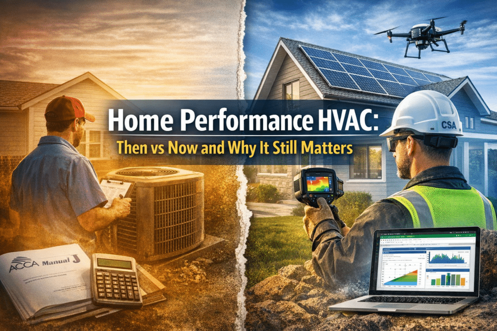 Home performance HVAC then vs now showing evolution from traditional HVAC to modern load calculation and performance testing