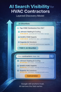 AI Search Visibility for HVAC Contractors layered discovery model showing AI shortlist followed by Google validation
