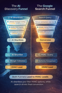 AI Search Visibility for HVAC Contractors discovery funnel showing AI shortlists followed by Google search validation