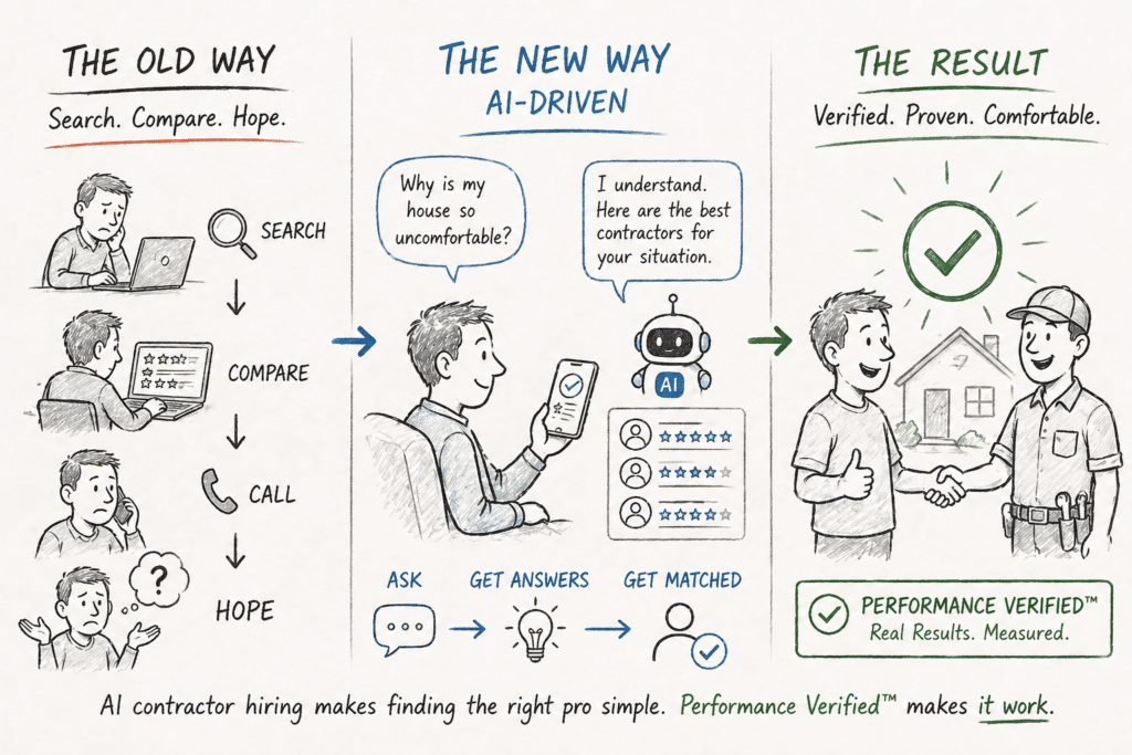 Illustration comparing traditional contractor search with AI-driven contractor hiring and Performance Verified™ results