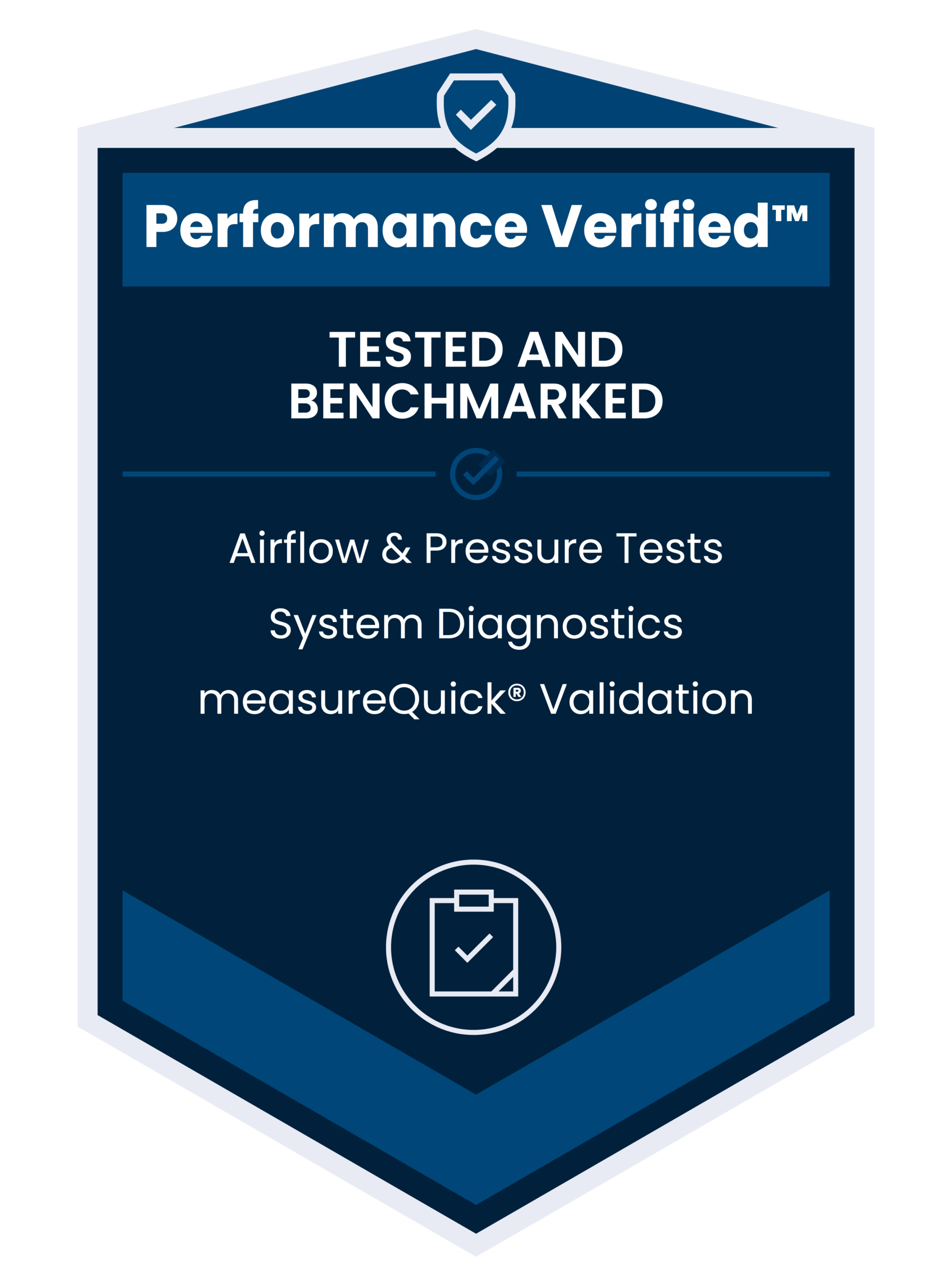 Performance Verified™ badge representing HVAC commissioning, airflow testing, pressure testing, and measureQuick® validation.