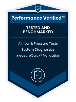 Performance Verified™ badge representing HVAC commissioning, airflow testing, pressure testing, and measureQuick® validation.