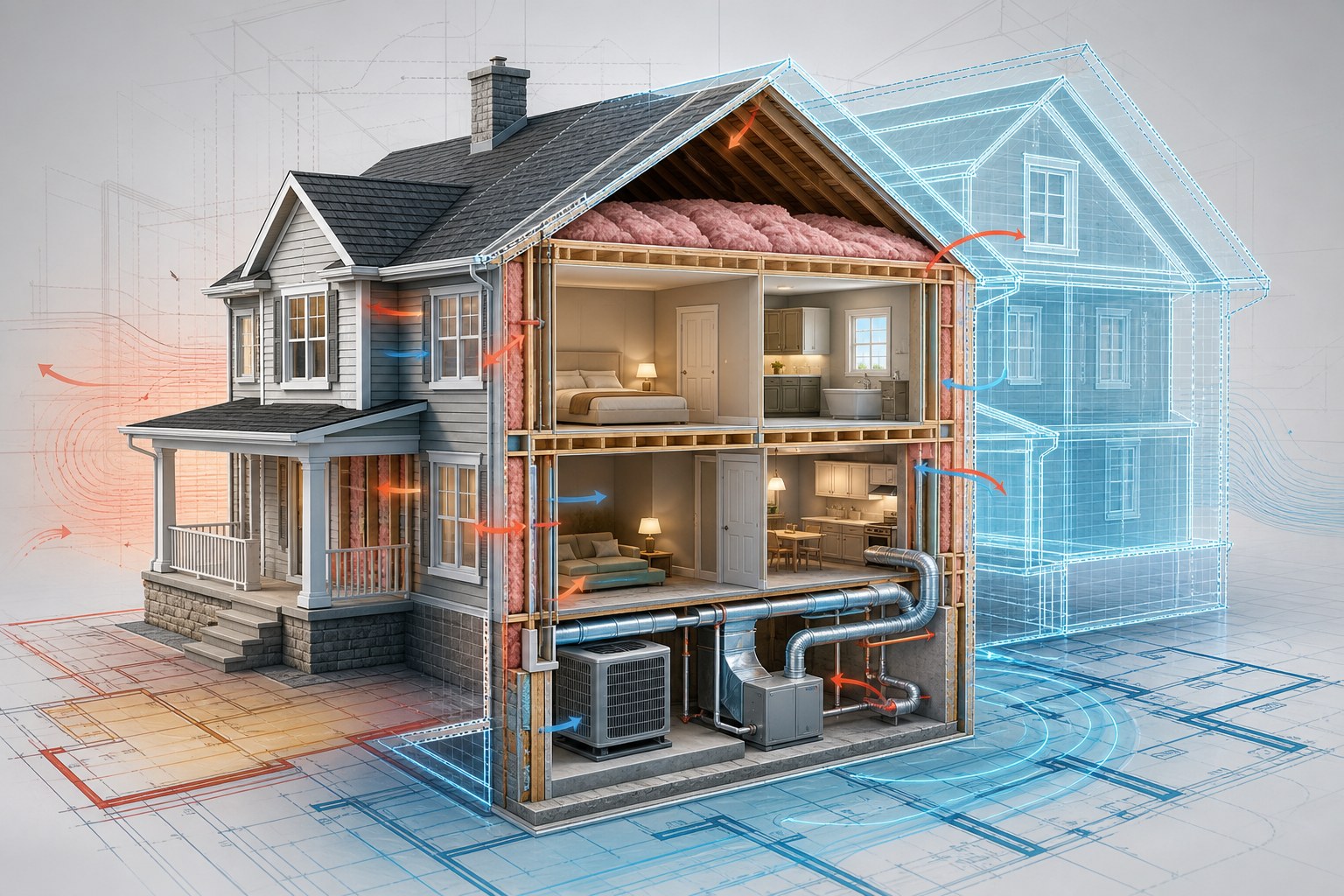 Cutaway home with attic insulation, HVAC equipment, ductwork, airflow paths, and blueprint overlays illustrating a Permanent Load Reduction Plan.