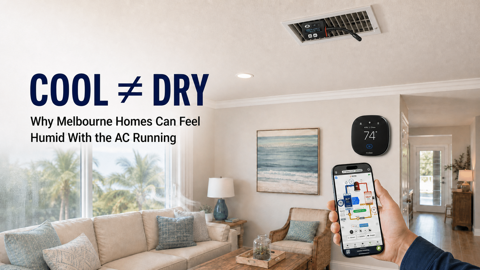 JB Industries WH-1 psychrometer measuring supply air while a technician reviews measureQuick in a Melbourne, Florida home showing 74°F and 63% humidity